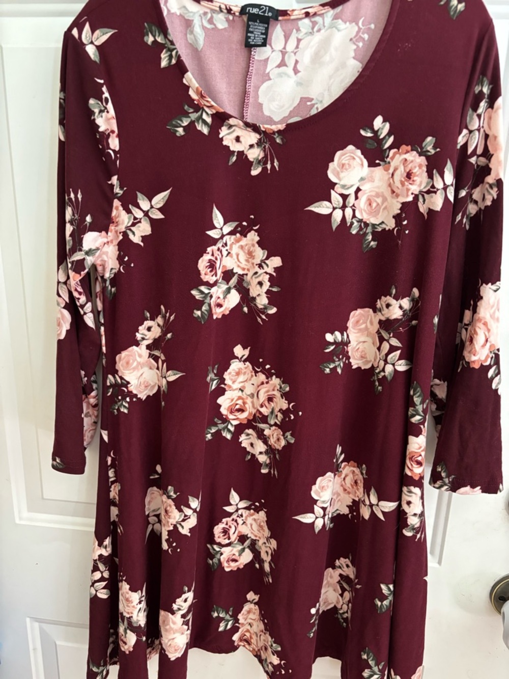 Rue21 Burgundy Floral Long Sleeve Swing Dress with Pink Roses
